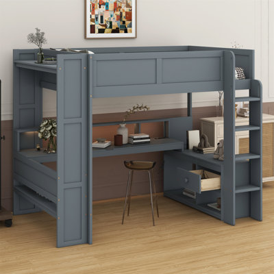 Lit mezzanine en bois avec bureau, tablettes multiples, DEL et station de charge