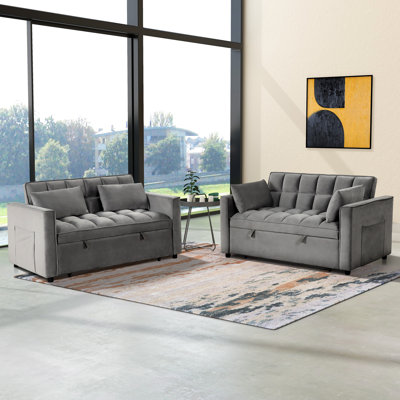 Nazarria 55.2'' Wide Convertible Velvet Sleeper Sofa Bed with Reclining Backrest and Throw Pillows (Set of 2)