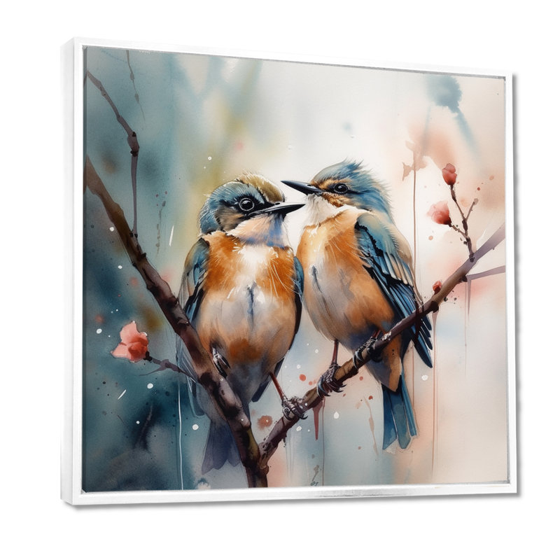 Oiseaux bleus assis sur une branche d'arbre III - Art mural floral, H 30 po x l 30 po, Cadre flottant blanc