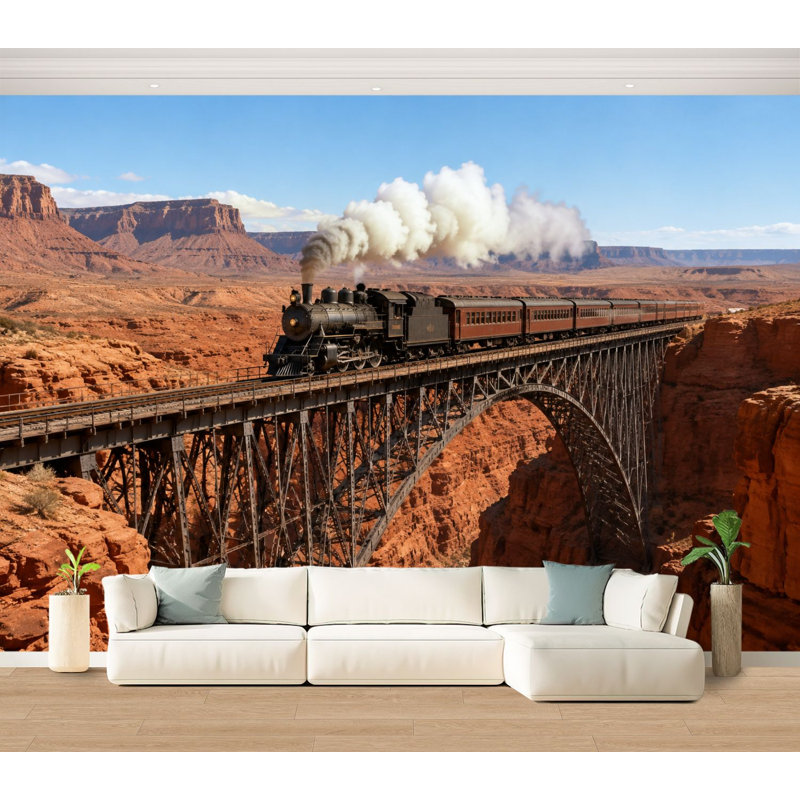Papier peint adhésif mural rétro en acier avec pont en acier rouge Canyon Canyon, L 100 po x l 144 po