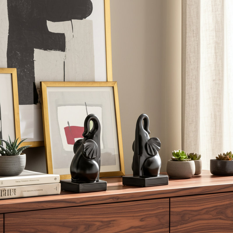 Ceramic Elephant Bookends Contemporary 8" Decorative Bookends for Book Storage, Black