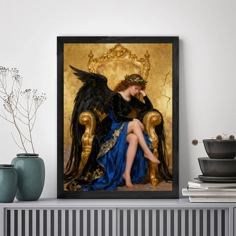 Art mural rétro noir, "The Angel on the Throne", impressions de style gothique foncé, H 11 po x l 9 po