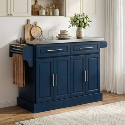 Rolling Island With Wheels For Kitchen, Portable Kitchen Island With Stainless Steel Top, Adjustable Shelves, 2 Drawers, Spice, Knife And Towel Rack