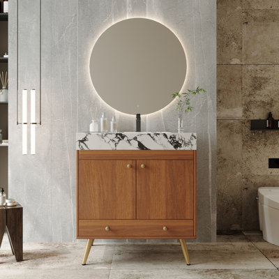 Meuble-lavabo autoportant Mid-Century avec plateau en marbre et lavabo en céramique