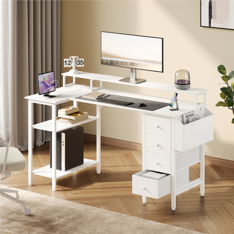 L-Shaped Computer Desk with Built-In Electrical Outlet, 140cm L x 68cm W x 87cm H, White