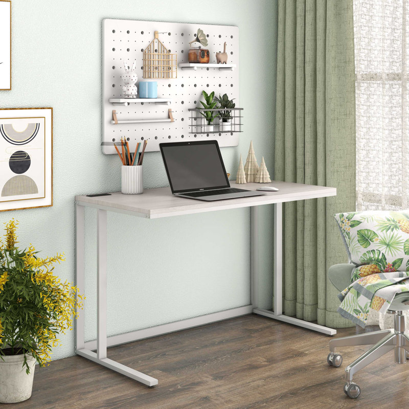 Dammatin Metal Base Writing Desk with Power Outlet, Light Oak/White