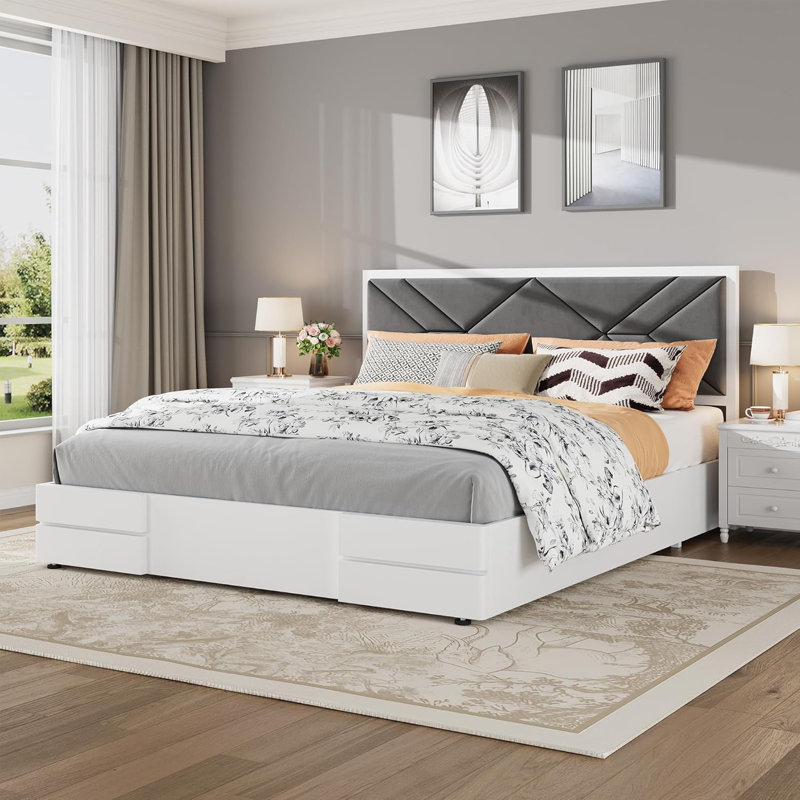 Full Size Upholstered Bed Frame,Wooden Bed Frame with Fabric Upholstered Headboard,No Box Spring Needed,Strong Wooden Slats,Easy Assembly,White
