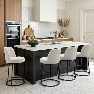 Tabouret de bar pivotant moderne, tabouret de bar à dossier capitonné avec revêtement en lin et base en métal noir mat pour bar et îlot de cuisine