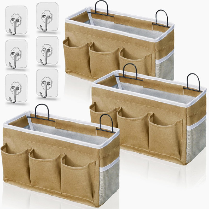 2 pièces 3 poches Grand sac de rangement mural, paniers de rangement suspendus en tissu de lin avec poches, bac imperméable pour la cuisine, la chambre à coucher, le bureau, le camping-car (kaki-3Pcs)
