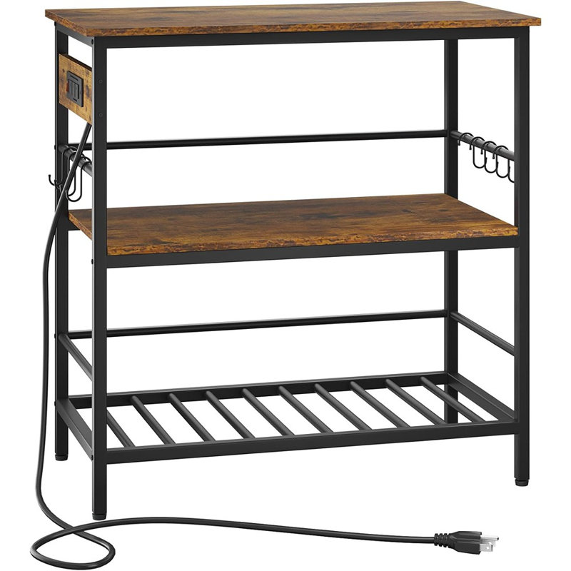 Îlot de cuisine avec rangement et prise de courant, support pour micro-ondes et support à boulanger avec grand plan de travail, chariot-bar roulant pour la cuisine, la maison ou l'extérieur (brun rustique et noir)