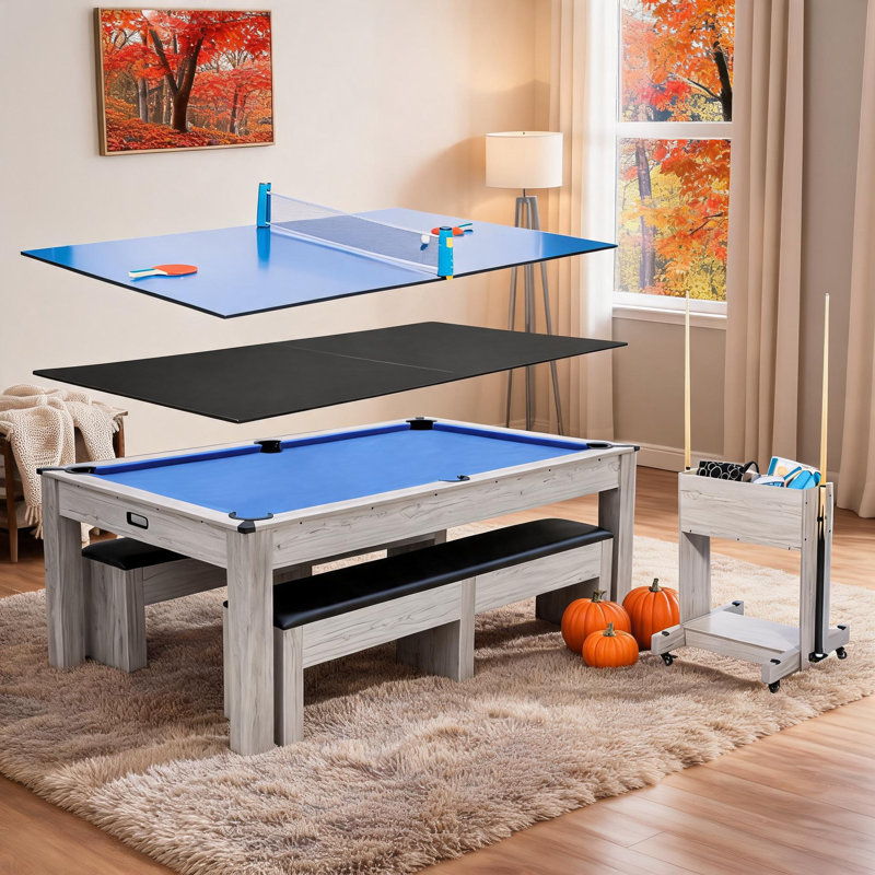 7FT 3-in-1 Convertible Pool Table Set – Billiards, Dining & Table Tennis – Multi-Game Table Includes Cues, Balls, Paddles, Net, Rolling Storage Caddy, Great for Home Game Rooms, Family Fun