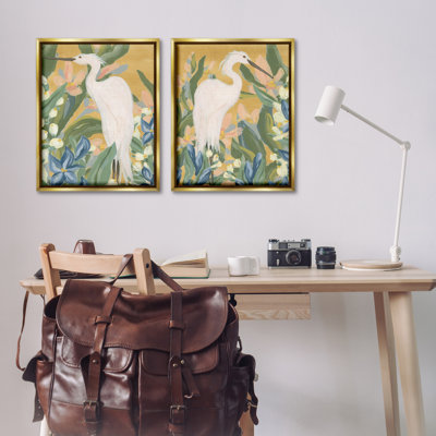 Great Egret in Blooming Bushes 2 PC Gold Framed Floater Canvas Set by June Erica Vess