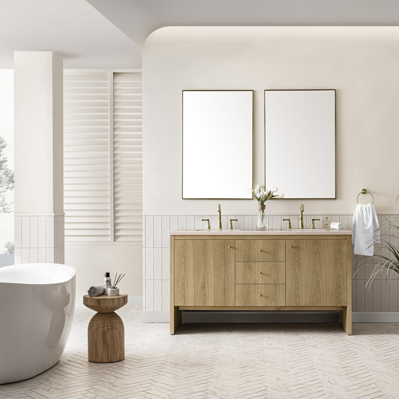 Hudson 60'' Double Bathroom Vanity with Top, Charcoal Soapstone, 8" Widespread, Light Natural Oak