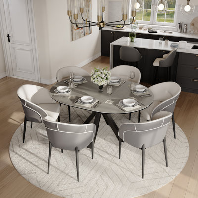 47"-63" Round Extendable Dining Table, Modern Round Dining Table For 4-6 Person, Sintered Stone Dining Table With Pedestal Base