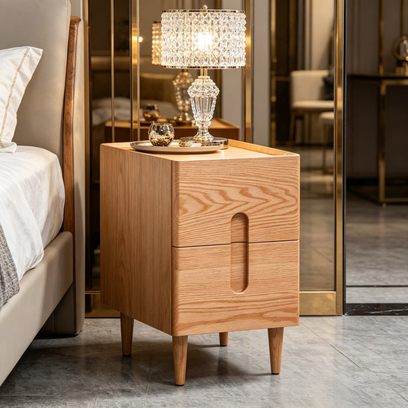 Table de chevet moderne Mid-Century, table d'appoint étroite avec 2 tiroirs, table de chevet en bois de chêne massif, table de bout compacte pour les petites chambres à coucher, design minimaliste intemporel