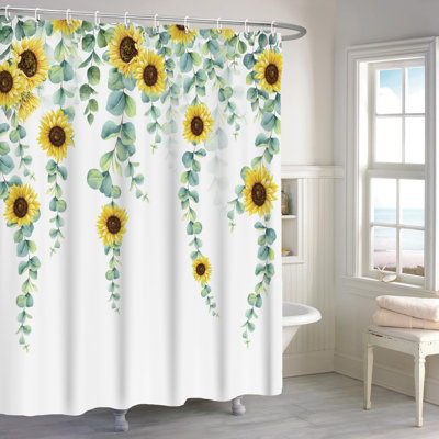 1PC Sage Green-Sunflower Leaf Plant Waterproof Bathtub Curtains with Hooks