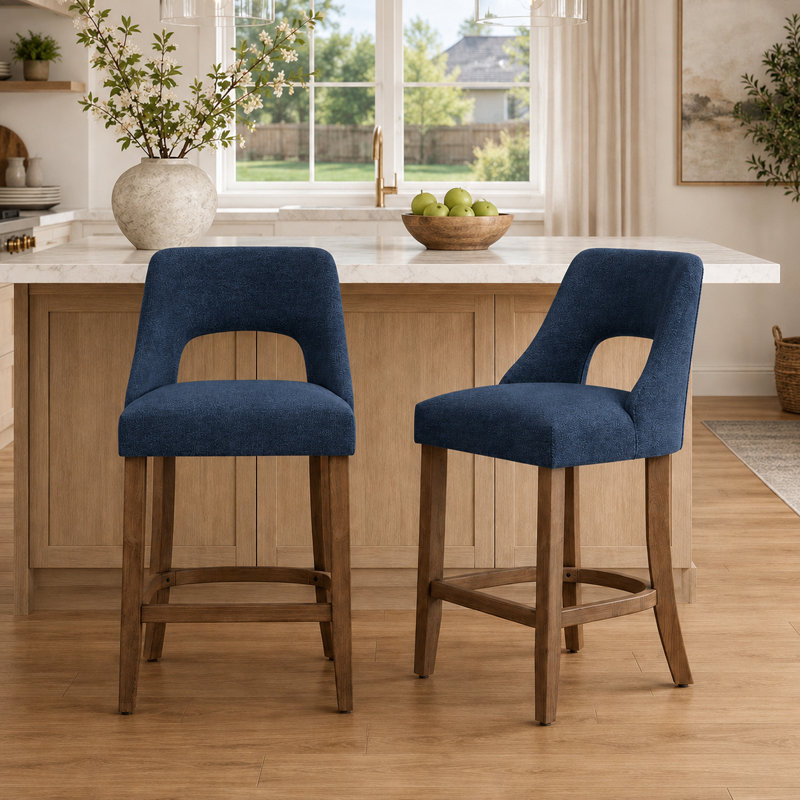 Ensemble de 2 tabourets de bar contemporains avec dossier incurvé et pieds en bois pour îlot de cuisine, Navy