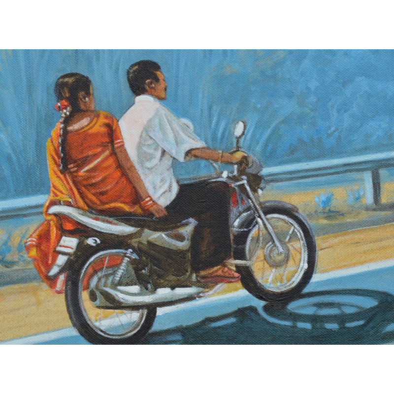 Couple Ride On Bike - Long Drive - peinture acrylique | Acrylique sur toile | Par Usha Shantharam