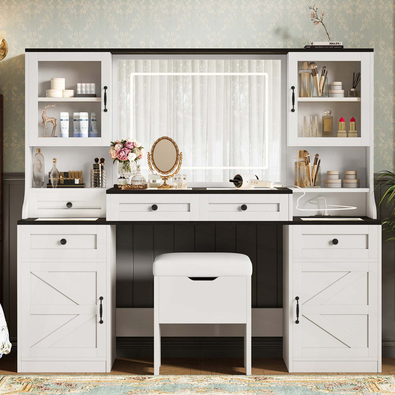 Meuble-lavabo de 61,5 po avec miroir et lumières DEL, coiffeuse avec 5 tiroirs et 4 armoires, ensemble de coiffeuse de maquillage avec bureau en verre et tabouret de coussin