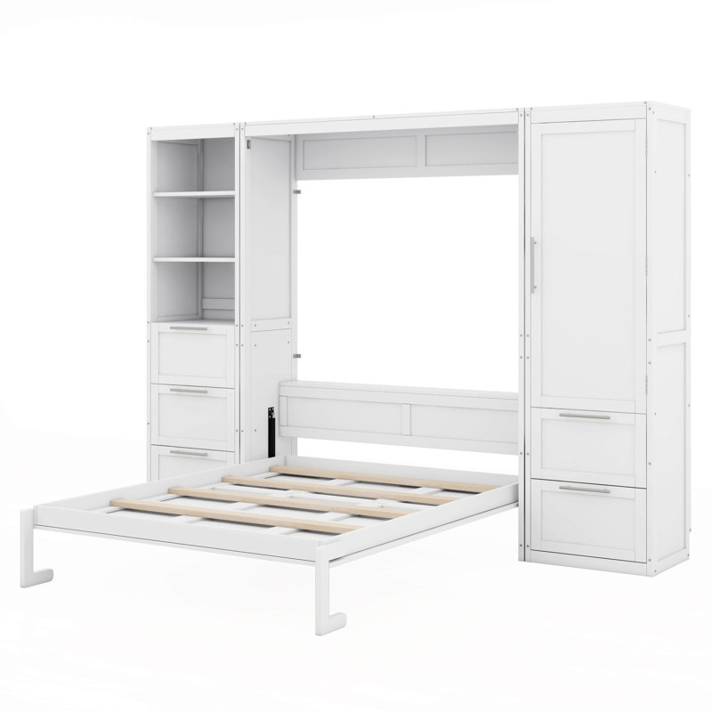 Grand lit escamotable mural avec tablettes, Blanc