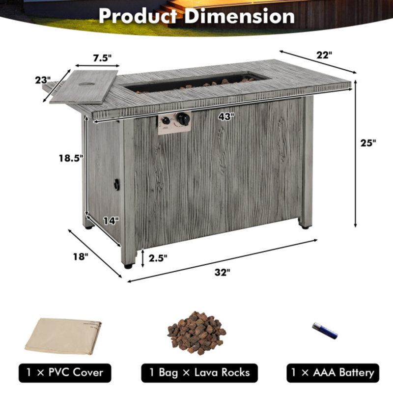 43 Inch Propane Fire Pit Table, 50,000 BTU Gray Outdoor Fireplace with Removable Lid