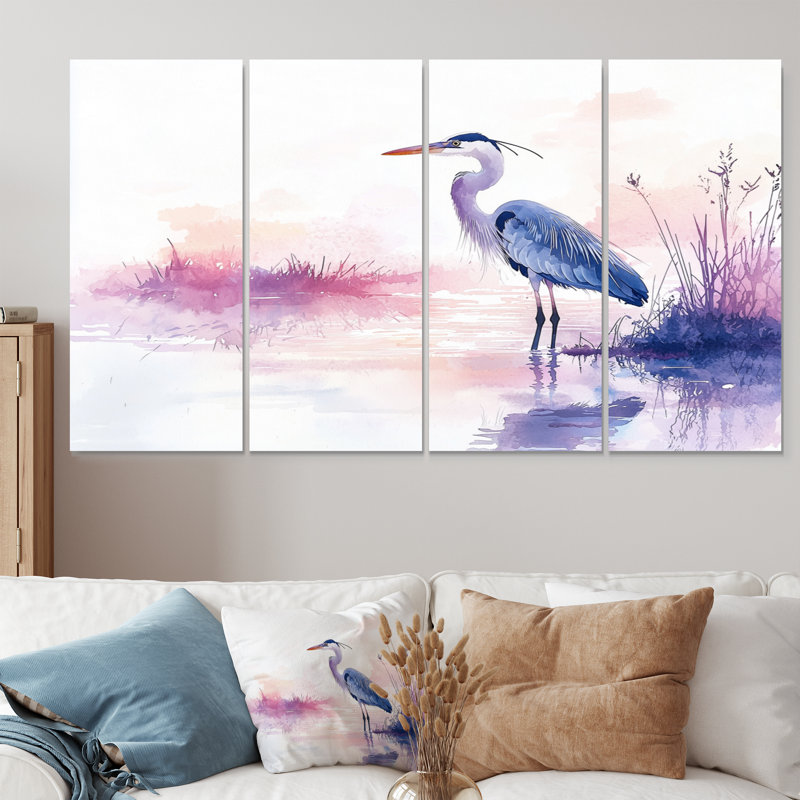 «Blue Heron At Dusk II», art mural héron, ensemble de décorations murales modernes, H 28 po x l 48 po, 4