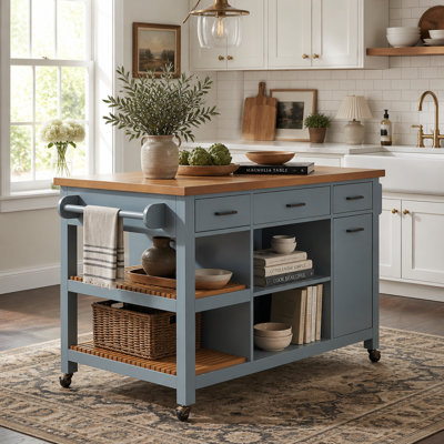 52in Kitchen Island Cart with Rubber Wood Top, Storage Drawers, Open Shelves Towel Bar