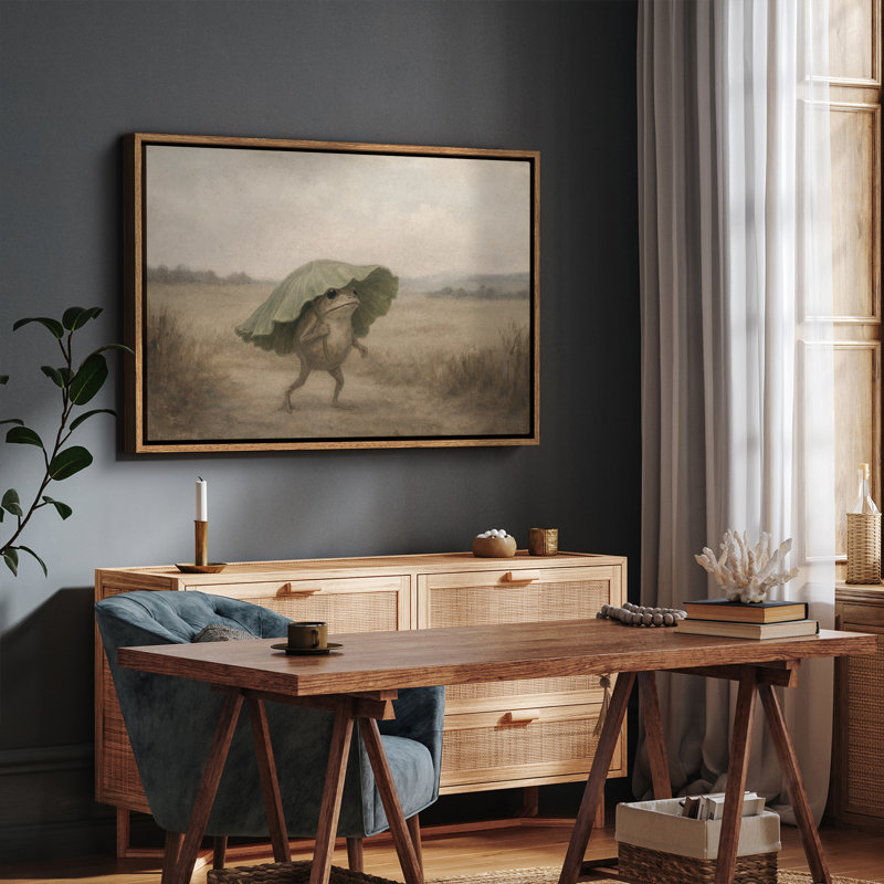 «Whimsical Frog Walking with Leaf Umbrella in Dreamy Countryside», reproduction d'art encadrée, H 16 po x l 24 po, Naturel