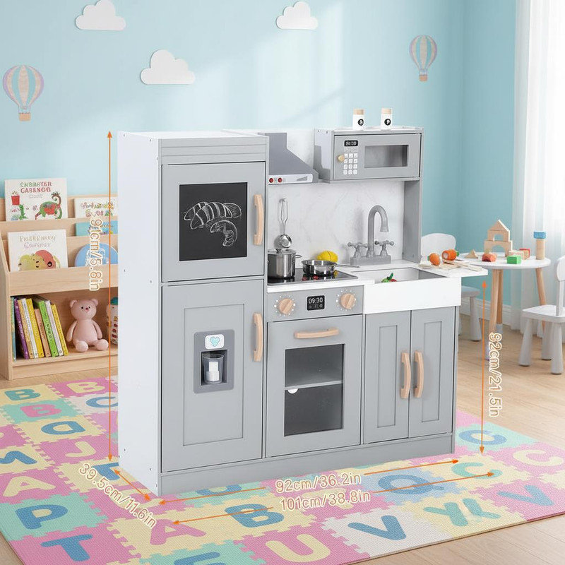 Wooden Kids Play Kitchen,Chef Pretend Play Modern Toy Kitchen Playset for Toddler, Children Pretend Toy Kitchen Playset, Coffee Machine, Hood, Sink, Ice Maker, Gift for Boys Girls Age 3+