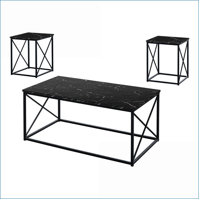 Ensemble de 3 tables basses et tables de bout en marbre noir, structure en métal noir robuste pour le salon