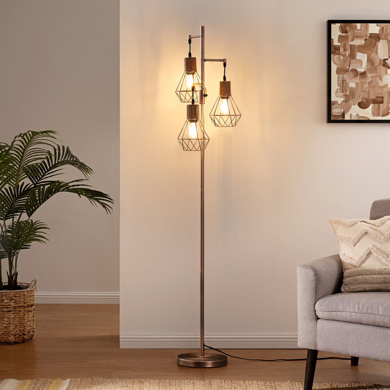Lampe sur pied en rotin à intensité variable 65 po avec 3 ampoules incluses Crevan, Cuivre rouge antique