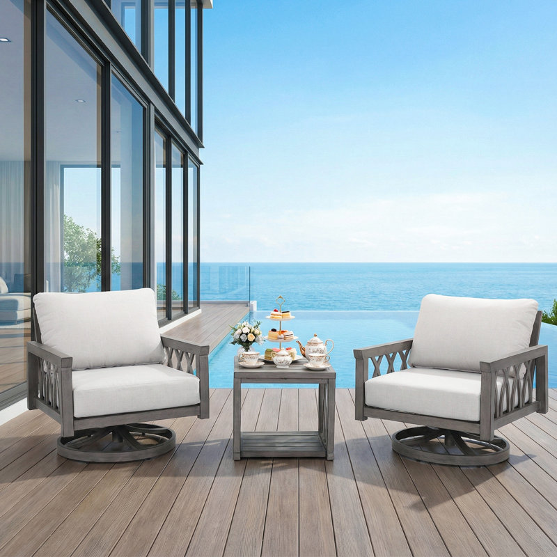Ensemble de conversation extérieur en aluminium 3 pièces avec chaises pivotantes à 360° et coussins, fini chêne blanchi