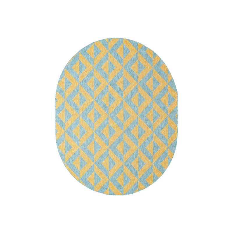 Tapis intérieur / extérieur en polypropylène géométrique tissé à la machine en jaune / gris, Ovale 7 pi 10 po x 10 pi
