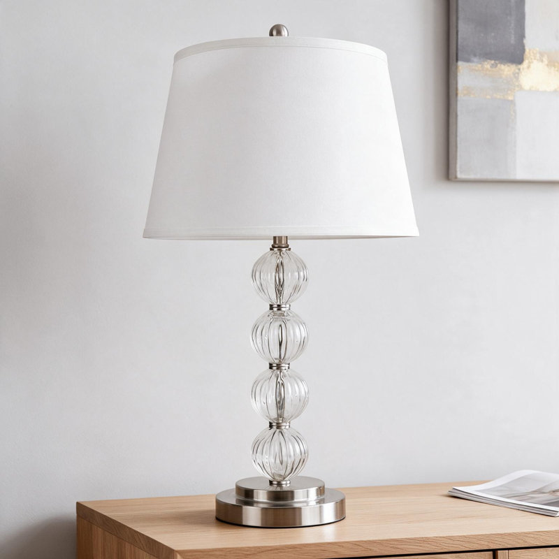 Lampe de table en métal nervuré en nickel satiné 28,5 po avec abat-jour demi-tambour