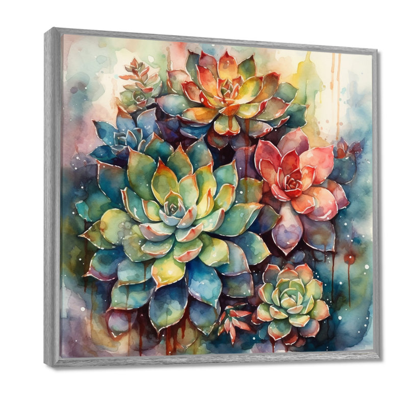 Rylinn vert rouge cactus paysage IV - art mural cactus, H 24 po x l 24 po, Encadrement argenté