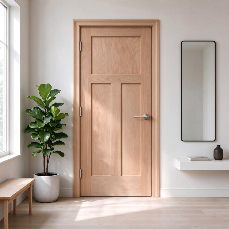 Porte à 3 panneaux en chêne rouge moderne avec porte en bois brut, 30 po x 80 po, Réversible