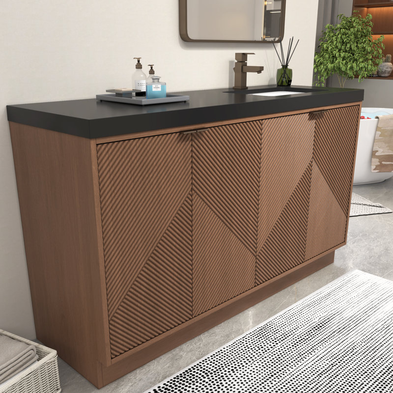 Monterey 59" Inch Freestanding Bathroom Vanity + Reinforced Black Acrylic Left Sink, Brown, Left