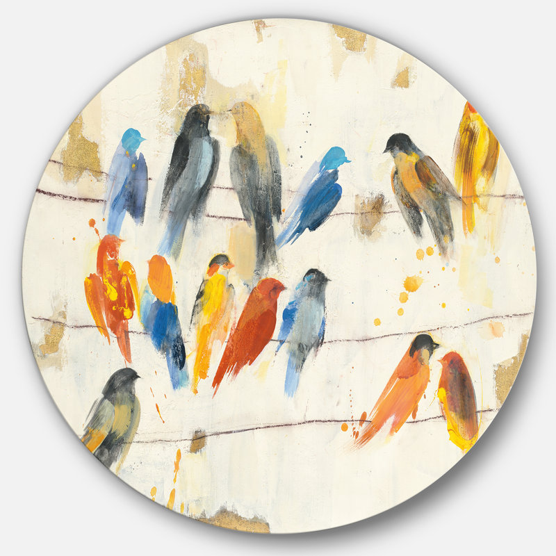 Multicolor Bird Meeting - Reproduction d'art en cercle métallique sur toile, H 36 po x l 36 po