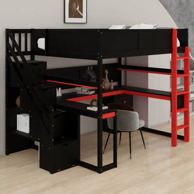 Lit mezzanine en bois avec escalier de rangement, bureau, tablettes et panneau perforé