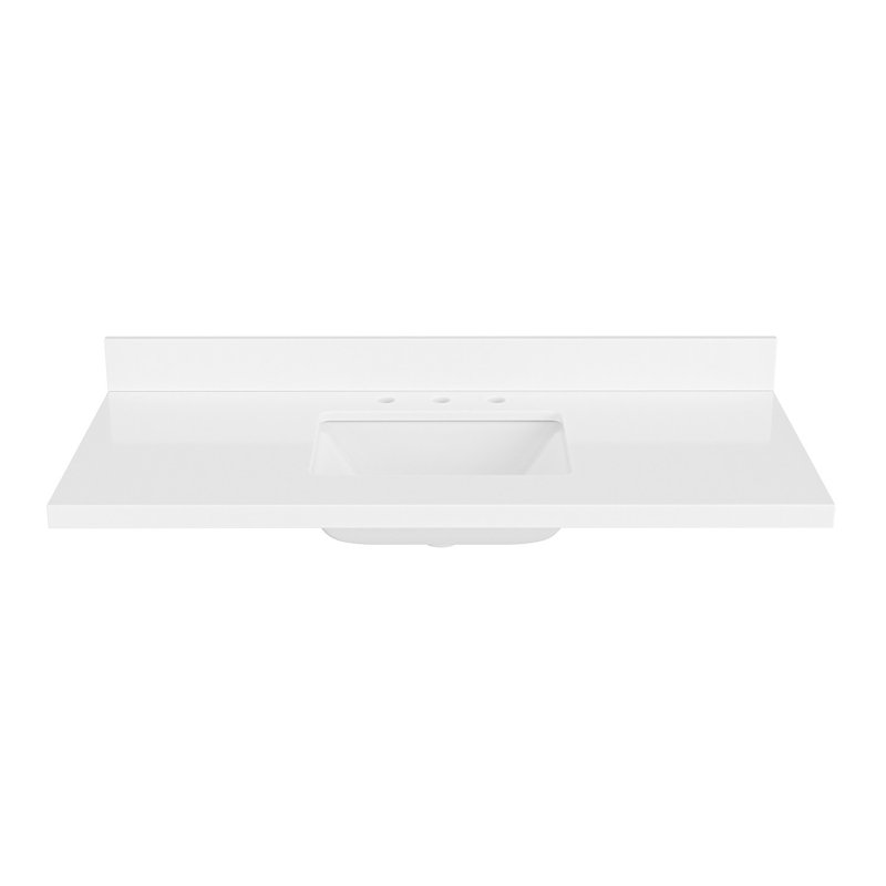 Comptoir de salle de bain en quartz blanc pur 49 po Ariel avec rebord à onglet de 1,5 po d'épaisseur avec lavabo simple rectangulaire et dosseret inclus