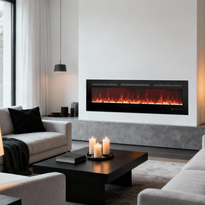 Foyer électrique encastrable, chauffe-foyer électrique encastré et mural avec thermostat, 13 flammes multicolores, minuterie 1-9H, bûche et cristal, 750W / 1500W, plusieurs tailles disponibles
