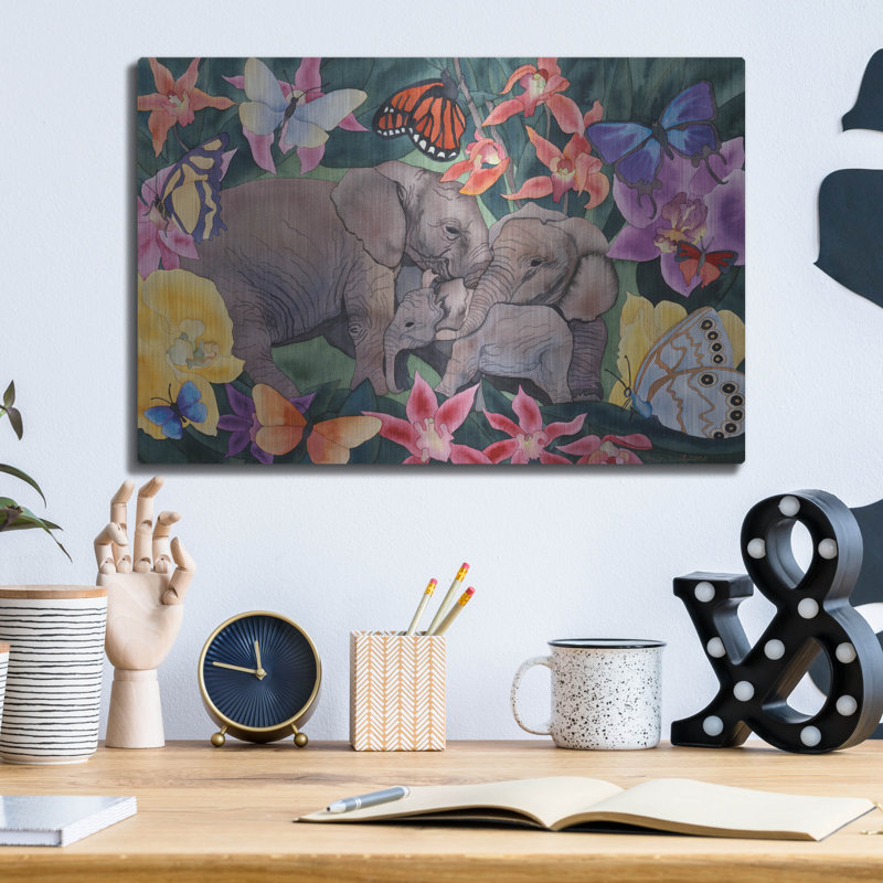 «Elephants And Butterflies» par Carissa Luminess sur métal, H 12 po x l 16 po