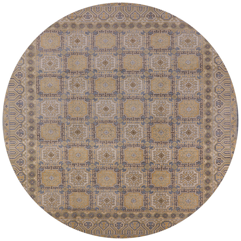Tapis brun / bleu / beige à motif géométrique Ardzan, Rond 4 pi
