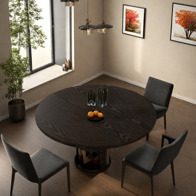 Table ronde noire avec rangement en bois de frêne épais