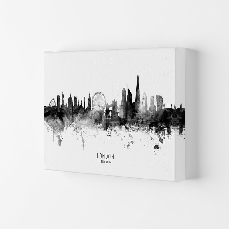 London England Skyline Black White City Name by Michael Tompsett - Print, 21cm H x 29.7cm W x 4cm D, Wrapped Canvas
