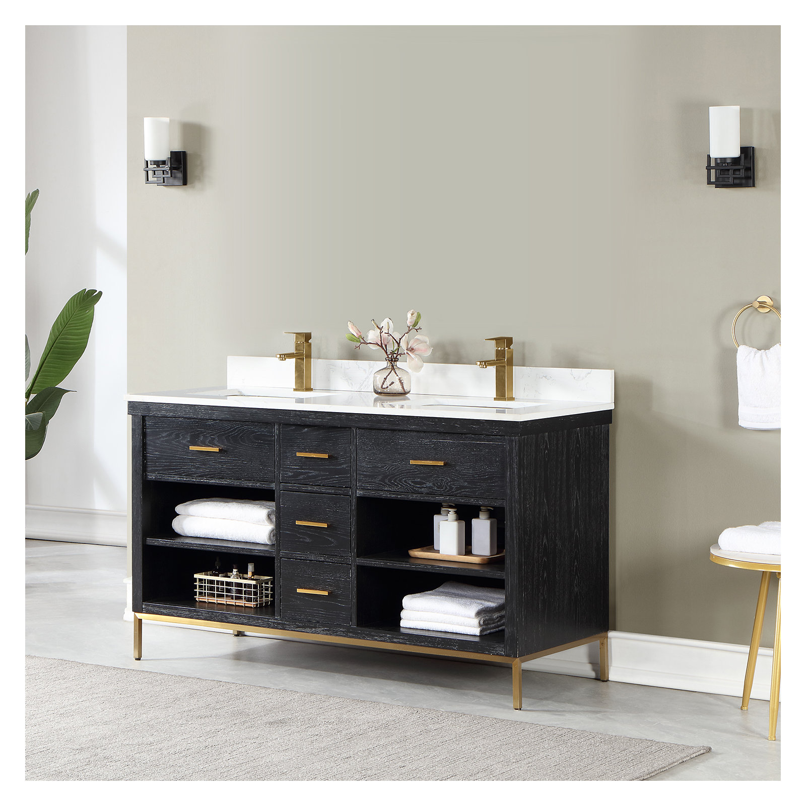 Kesia 60'' Double Bathroom Vanity, Black, Gold
