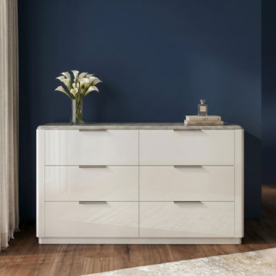 Commode 6 tiroirs Monaco Grand Executive avec finition laquée blanche brillante et plateau gris