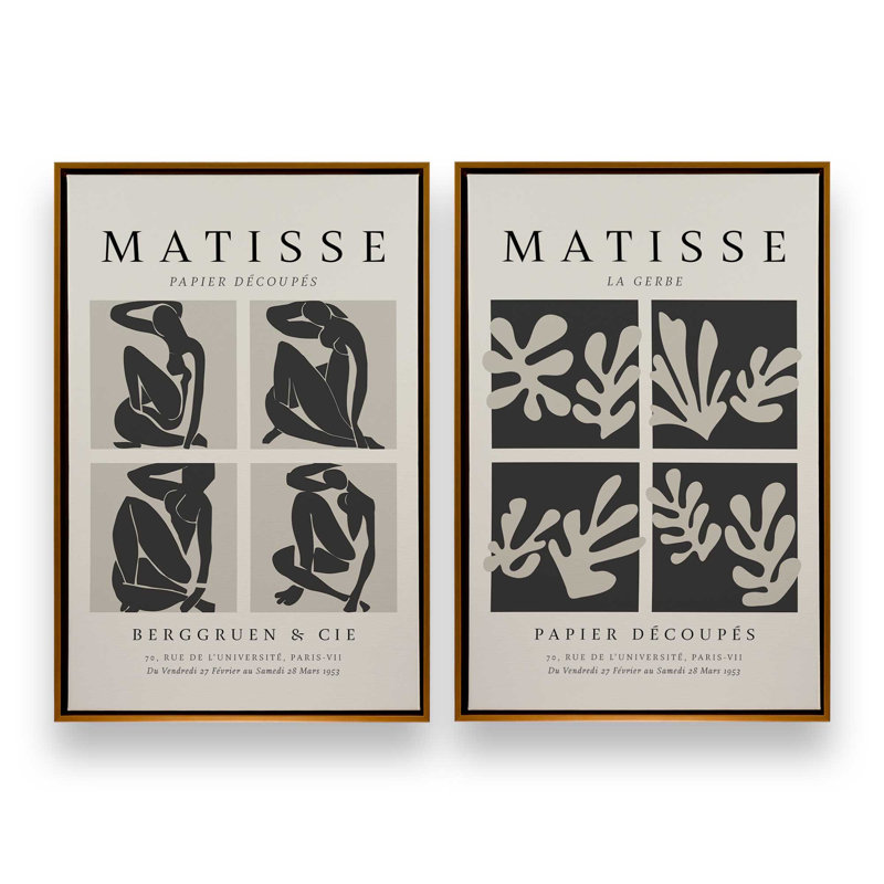 Ensemble de 2 Matisse La Gerbe et Nus Noir, Cadre flottant or poli, H 19 po x l 26 po