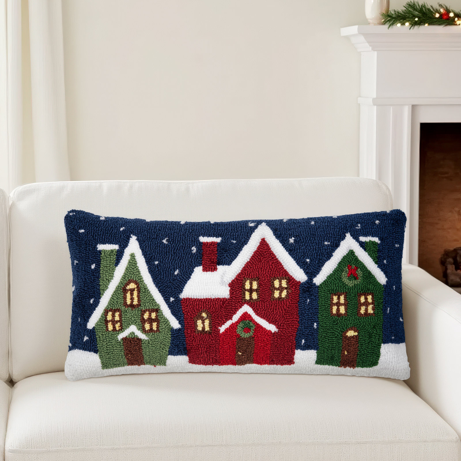 Winter Village Hooked Pillow