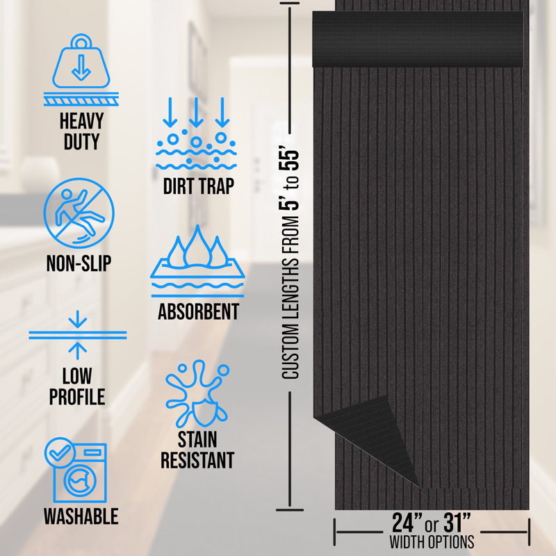 Heavy-Duty Utility Runner Rug Mat – 31 in. Wide x Custom Length - Slip Resistant Rubber Backing , All-Weather, Absorbent, Dirt-Trapping, Kid and Pet Safe, Easy To Trim for Entryways and High-Traffic Areas, Charcoal Brown